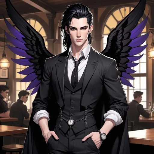 Prompt: Fey male, long pointed ears, Pale skin, long black hair, messy man bun, piercing violet irises, large solid black  wings, handsome, andy black, DnD sheet, oc character.  well dressed. Full body. Gothic regal attire. holding black metal pocket watch. simple tavern background, illustration, comic book art