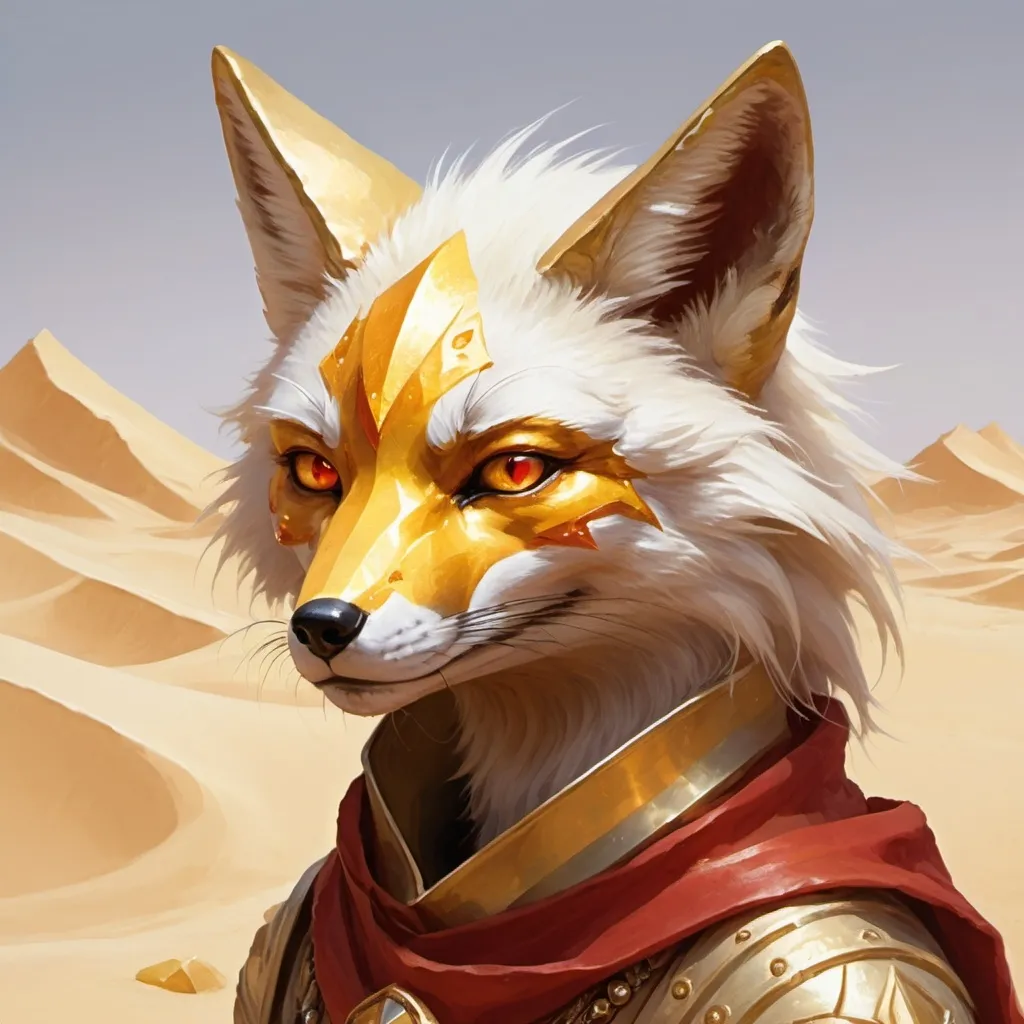 Prompt: Desert. Sand type gold fox. Yellow crystal on forhead. Red eyes. Magic the gathering style painting.