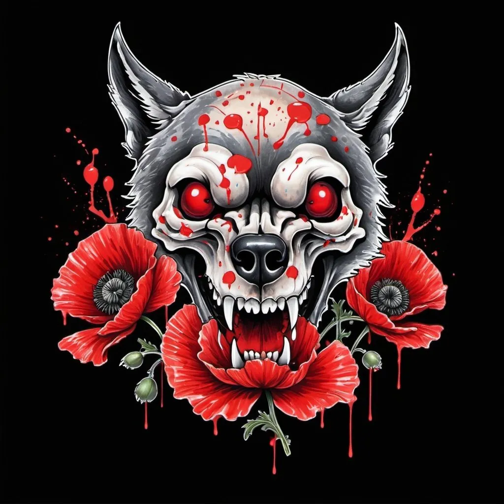 Prompt: black background tattoo. red splatter poppy flower growling from a wolf skull. illustration, tattoo, drawing. color. 