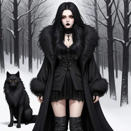 Prompt: 23 year old. gorgeous, beautiful. long black flowy haired woman. pale skin. Amber eyes. casual winter goth outfit. long black fur coat. full lips. Detailed faces.  hand drawn. goth. black boots. Dnd sheet. different angles.