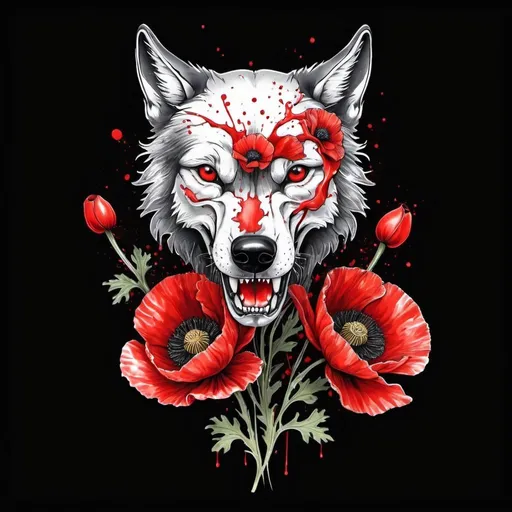 Prompt: black background tattoo. red splatter poppy flower growing from a wolf skull. illustration, tattoo, drawing. color. pretty. oriental 