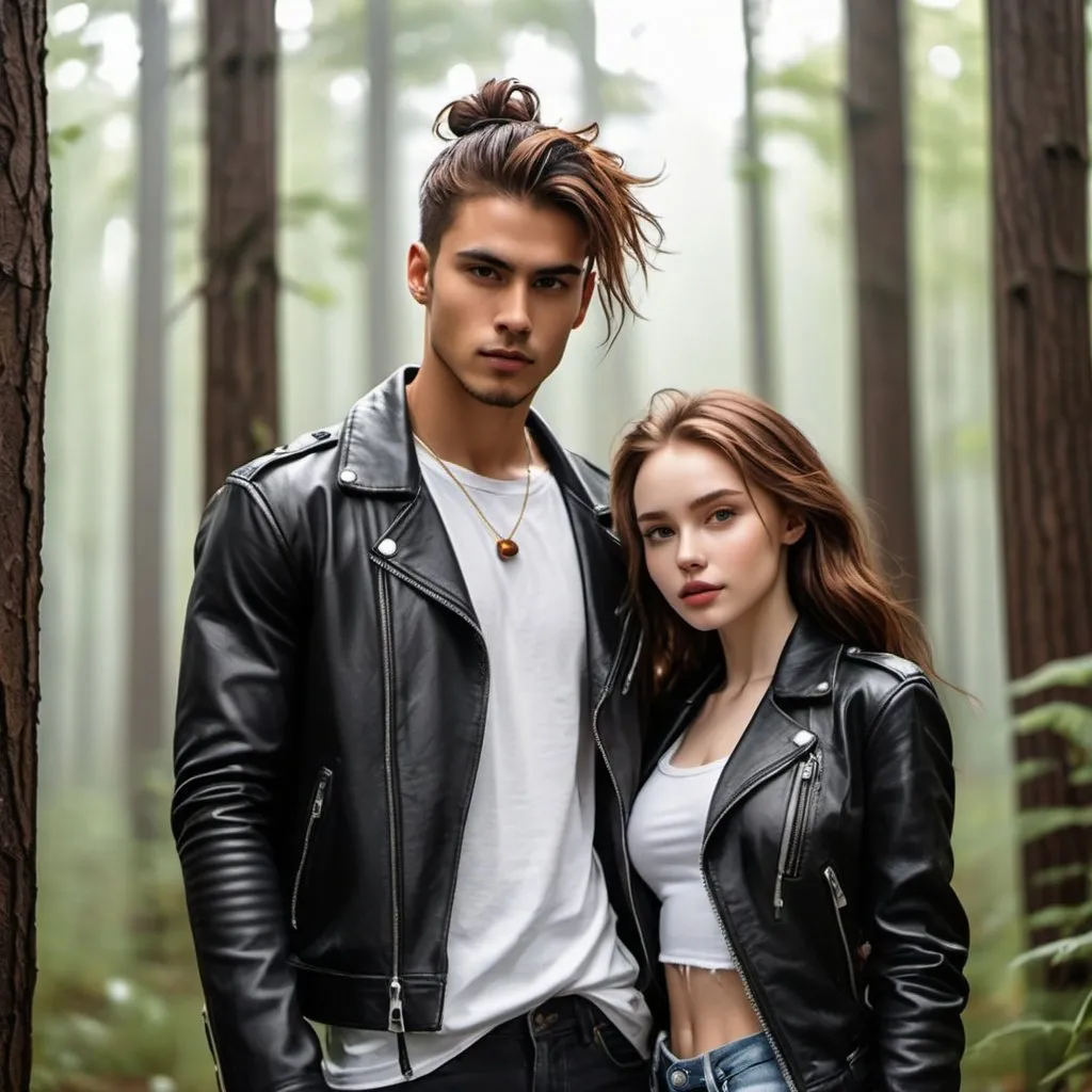 Prompt:  young man with tan skin, long reddish brown hair in a messy man bun, piercing hazel irises, handsome, , wearing black leather jacket, ripped jeans, and white t-shirt. standing beside a woman with pale skin, long black wavy hair, piercing honey irises, slender body, gorgeous, beautiful, light vertical scar over lips.  comic book art. illustration. forest background.