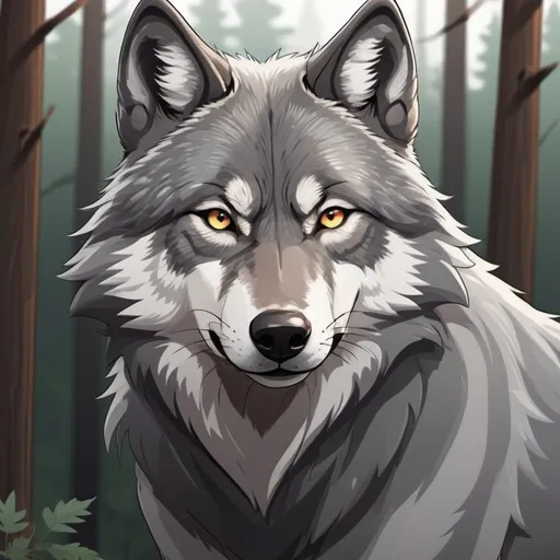 Prompt: large male wolf  gray fur with (((gray eyes)). simple cartoony manga webtoon art style. forest back ground