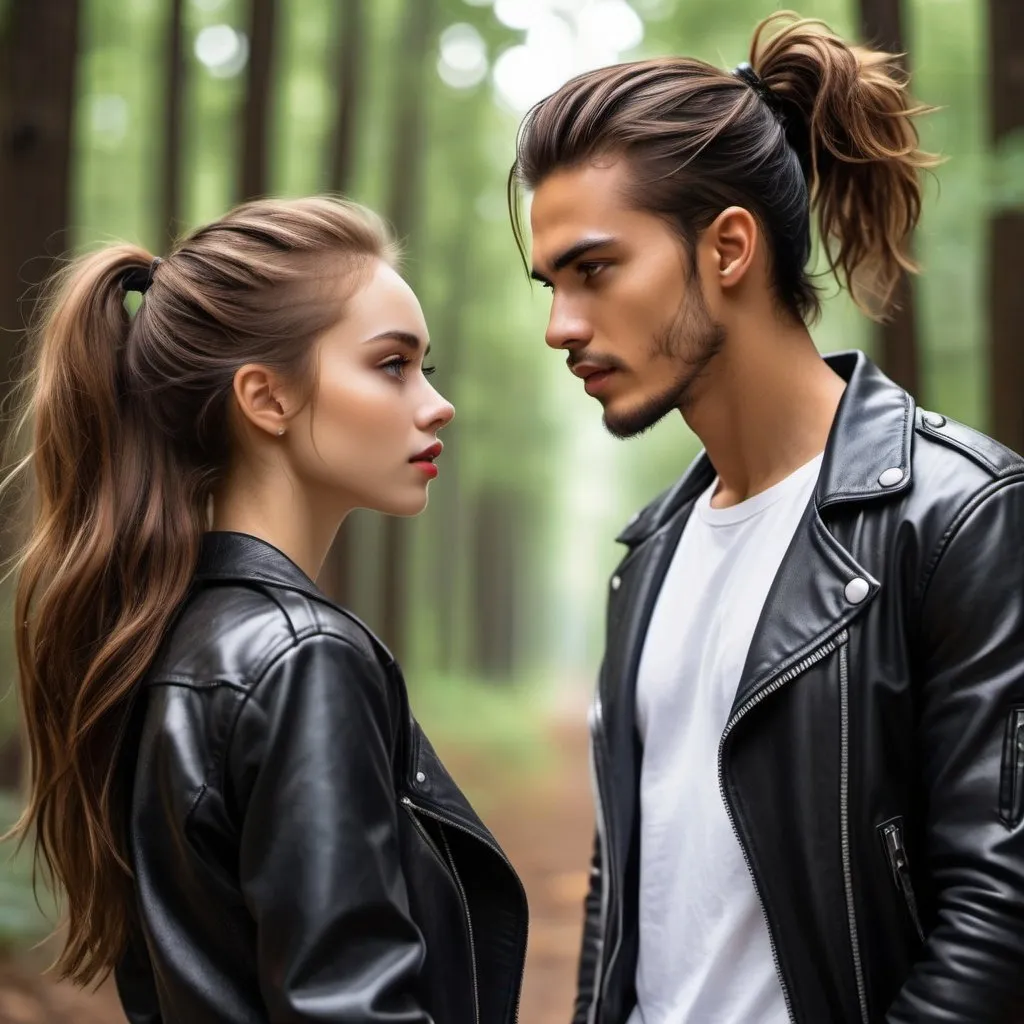 Prompt:  young man with tan skin, long reddish brown hair in a messy man bun, piercing bright hazel eyes, handsome, wearing black leather jacket, ripped jeans, and white t-shirt. standing beside a woman with pale skin, (long black wavy hair), piercing honey irises, slender body, gorgeous, beautiful, light vertical scar over lips.  comic book art. illustration. forest background.