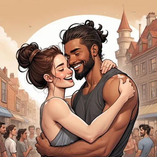 Prompt: picking female like a princess. scooped up in arms. laughing. ((beautiful black flowy haired woman)) pale skinned female (( handsome man reddish brown haired in messy man bun)), tan skinned male, short beard.  in love. Detailed faces.Romance. Comic book art. Illustration.