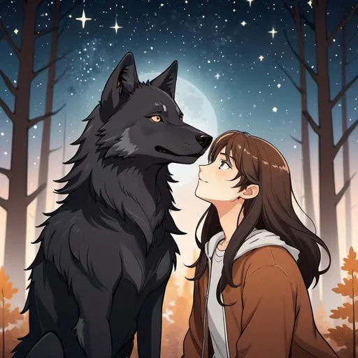 Prompt: Black wolf with a brown wolf. in love. happy. mates. Detailed faces. webtoon. manga. Simple starry sky forest background