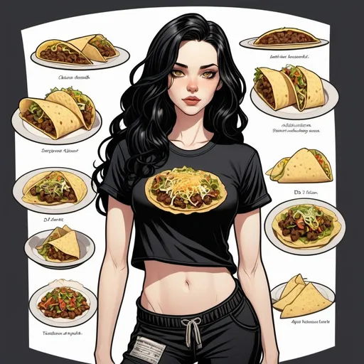 Prompt: Character sheet, female human, pale skin, long black wavy hair, piercing honey irises, slender body, dressed in  black pajama pants with tacos and black t-shirt,  gorgeous, beautiful, light vertical scar over lips. D&D sheet, oc character. comic book art. illustration.