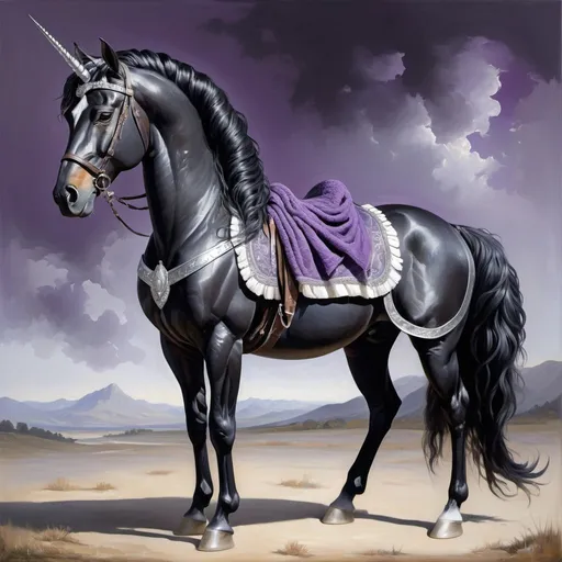 Prompt: full body. black unicorn in silver armor. pearl horn.  missing an eye with scar over missing eye. Beautiful braided mane. black saddle, purple blanket.  illustration. oil painting. 