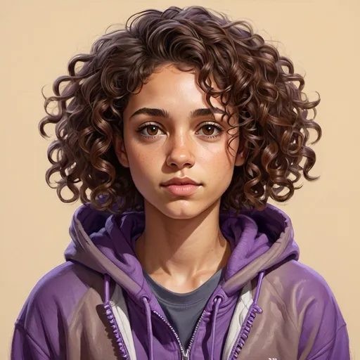 Prompt: 25 year old side character, short curly brown haired woman. tan skin light brown eyes. wearing purple hoodie. Detailed faces. round chest. oil painting. hand drawn. 