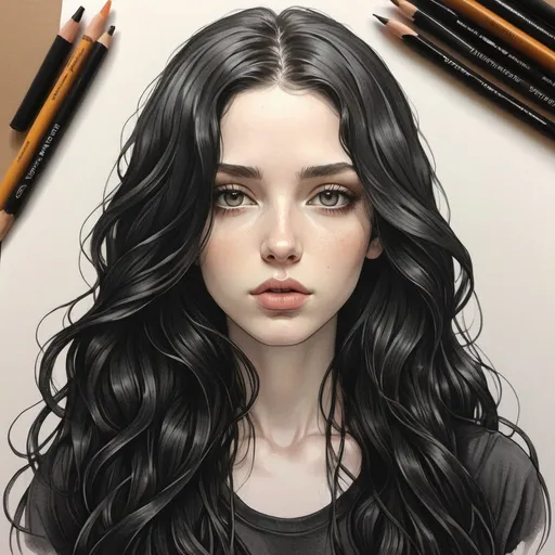 Prompt: 23 year old. gorgeous, beautiful.  goddess beauty. gorgeous. long black flowy haired woman. pale skin. amber  eyes. black t-shirt. full lips. Detailed faces. hand drawing. hand drawn. 