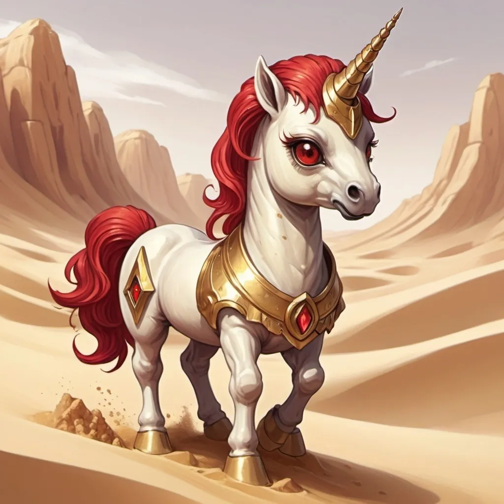 Prompt: Desert. Sand type gold unicorn. Red eyes. Cute. Adorable. Magic the gathering art style. drawing. 