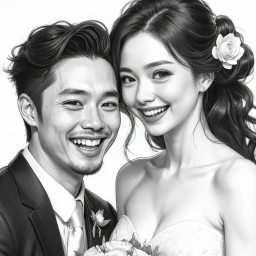 Prompt: Gorgeous, beautiful English woman. long black flowy haired. pale skin. full lips. laughing with short haired Japanese asian husband at their wedding. Detailed faces. hand drawing. hand drawn. pencil sketch. comicbook art style