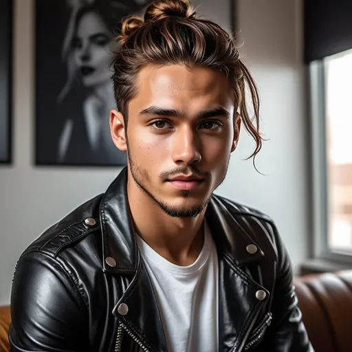 Prompt:  young man with tan skin, long reddish brown hair in a messy man bun, piercing hazel irises, handsome, , wearing black leather jacket, ripped jeans, and white t-shirt. watching movie with a woman with pale skin, (long black wavy hair), piercing honey irises, slender body, gorgeous, beautiful, light vertical scar over lips.  comic book art. illustration. living room back ground