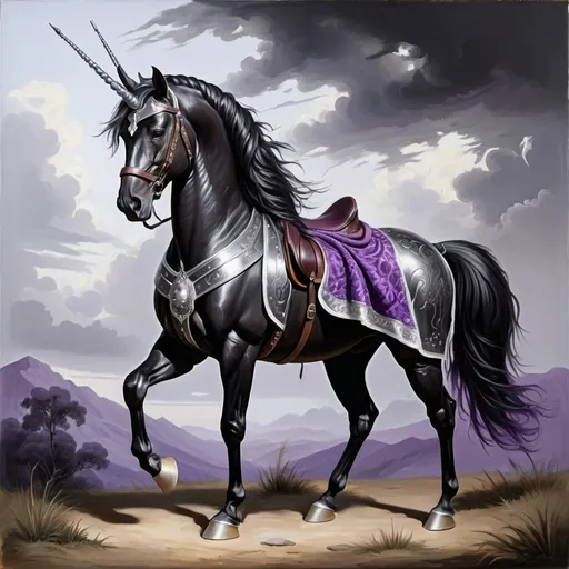 Prompt: full body. black unicorn in silver armor. pearl horn.  missing an eye with scar over missing eye. Beautiful braided mane. black saddle, purple blanket.  illustration. oil painting. 