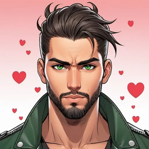 Prompt: ((handsome man hair in messy man bun. muscular, Latino male, Green eyes. short beard.)) in love. Wearing black leather jacket. Detailed faces. Comic book art. webtoon. manga. Simple heart background