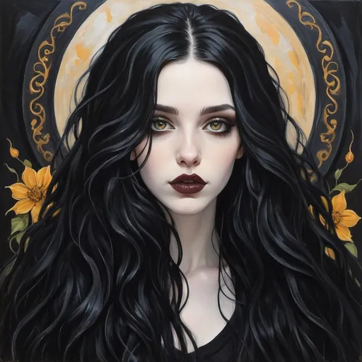 Prompt: 23 year old. gorgeous, beautiful.  goddess beauty. gorgeous. long black flowy haired woman. pale skin. Amber eyes. casual goth. full lips. Detailed faces. oil painting. hand drawn. goth