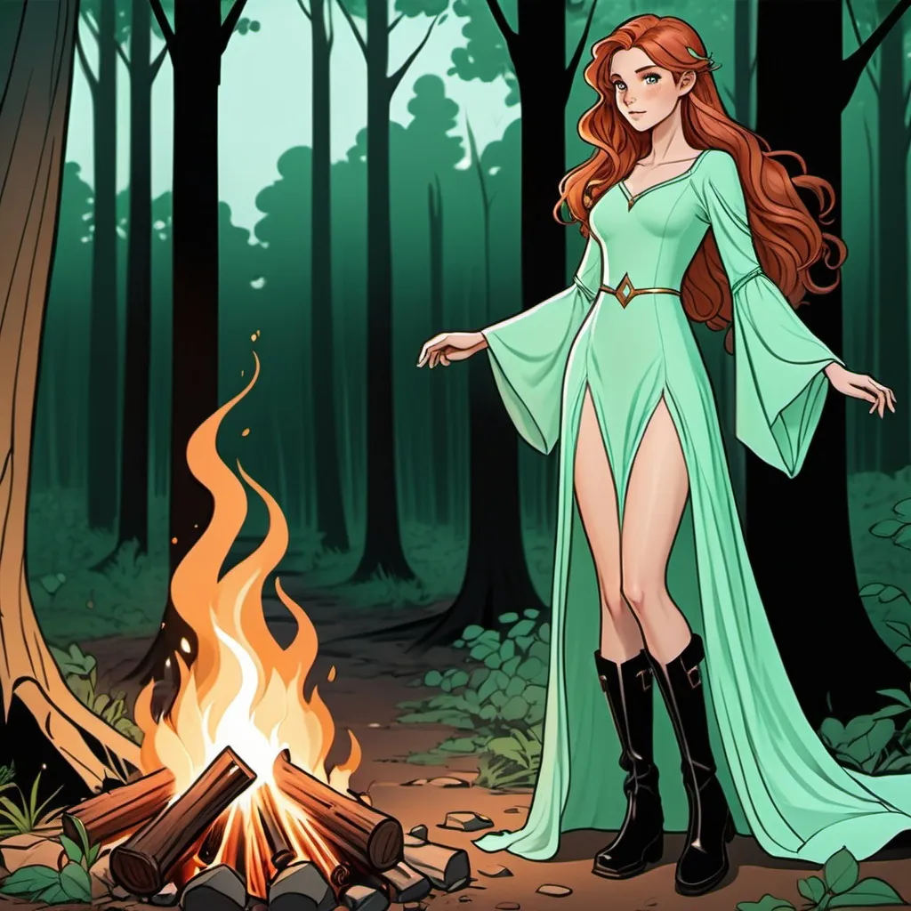 Prompt: Character sheet, female human, peach skin, long auburn wavy hair, piercing hazel irises, tall slender body, dressed in simple long mint green dress, bell sleeves, flowy dress, black boots, gorgeous, beautiful, D&D sheet, oc character. comic book art. illustration  simple night forest background. campfire