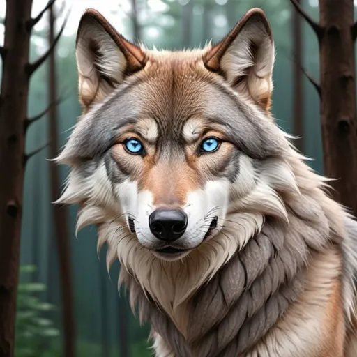 Prompt: large male wolf reddish gray fur with (((gray blue eyes)). simple manga webtoon art. forest back ground