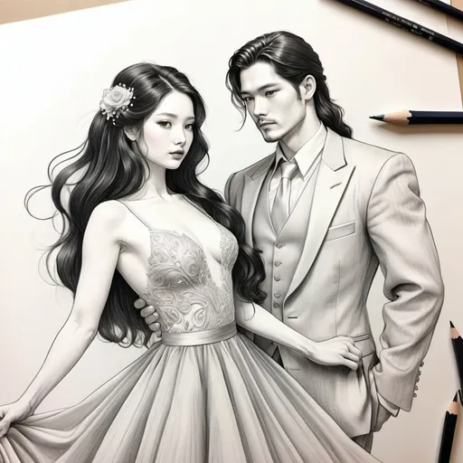Prompt: 23 year old. gorgeous, beautiful woman. long black flowy haired. pale skin.  full lips. ballroom dancing with Japanese husband at wedding. Detailed faces. hand drawing. hand drawn. pencil sketch.