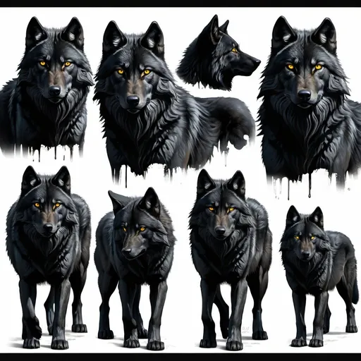 Prompt: black wolf. honey eyes. oil painting. illustration. character sheet, multiple views, full body. monochromatic 
