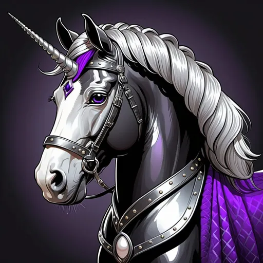 Prompt: black unicorn in silver armor. pearl horn, missing an eye with scar over missing eye. Beautiful braided mane. black saddle, purple blanket.  illustration. comic book art style. 