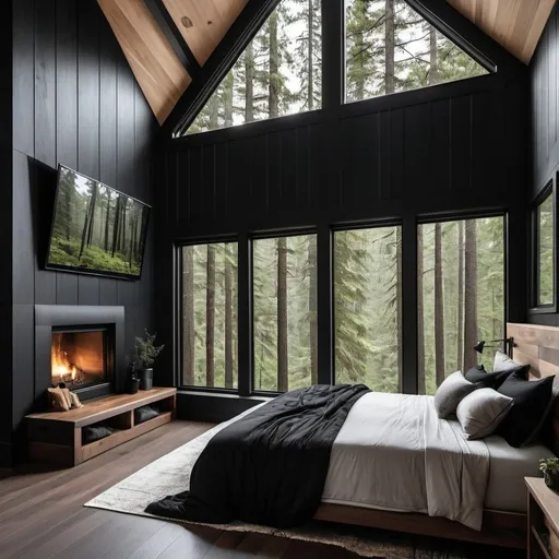 Prompt: cabin master bedroom with a large panel window wall seeing out to the forest. Black walls, king size bed beside the massive window wall, with black comforter and black wood stained foot and head boards. black cozy. 