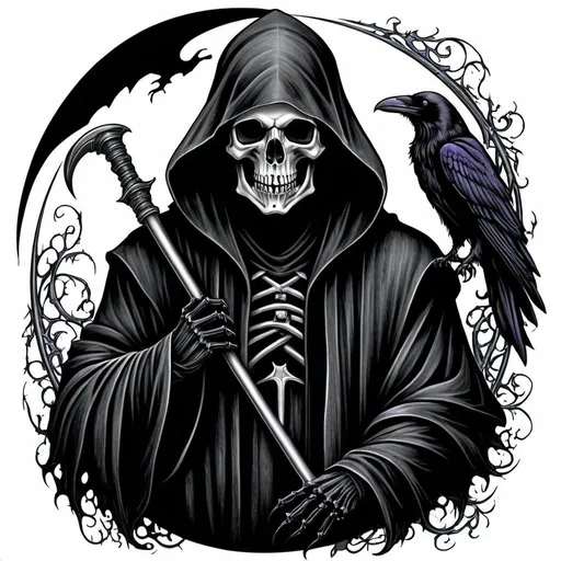 Prompt: gothic style grim reaper with a raven tattoo design