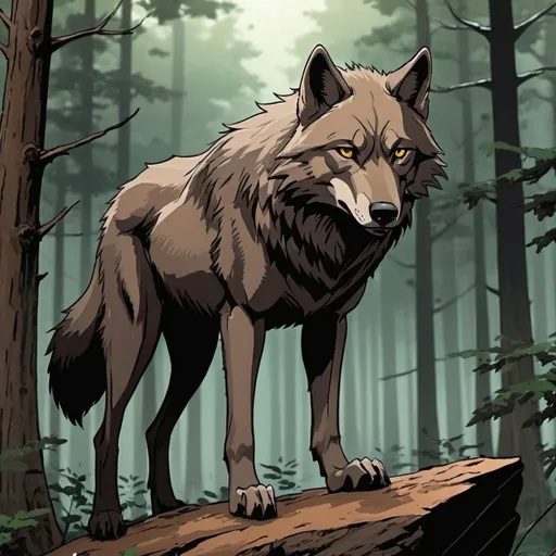 Prompt:  illustration. comic book art. wolfs rain. anime. Brown and black wolf. forest background