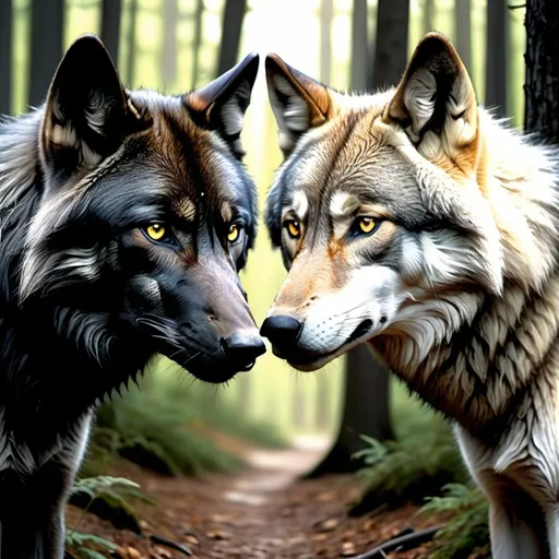 Prompt: black wolf with honey eyes, in the woods with a gray wolf with gray eyes. comic book art. Nose touch.