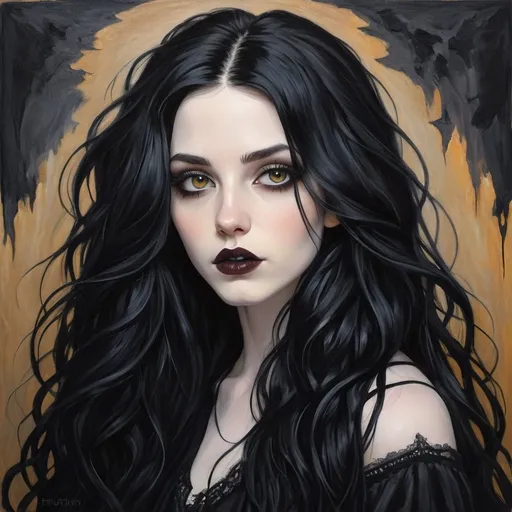 Prompt: 23 year old. gorgeous, beautiful. long black flowy haired woman. pale skin. Amber eyes. casual goth. full lips. light make-up Detailed faces. oil painting. hand drawn. goth