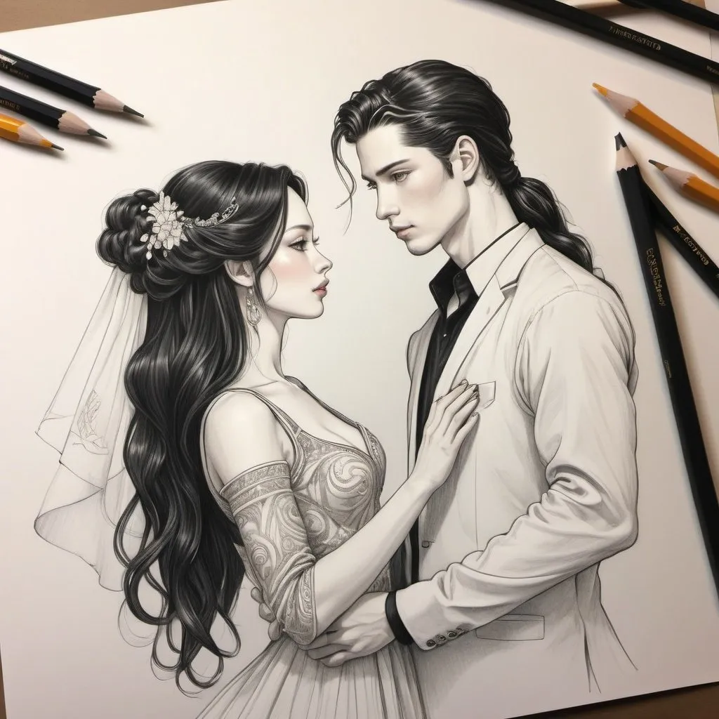 Prompt: 23 year old. gorgeous, beautiful.  goddess beauty. gorgeous. long black flowy haired woman. pale skin. amber  eyes. black t-shirt. full lips. ballroom dancing with Japanese husband at wedding. Detailed faces. hand drawing. hand drawn. pencil sketch.