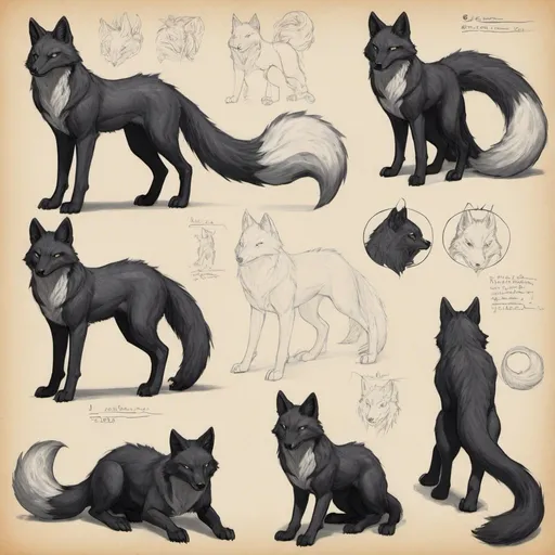 Prompt: female. Black kitsune. 2 tails. beast. large like wolf. multiple angles. dnd character sheet. pencil sketch. 