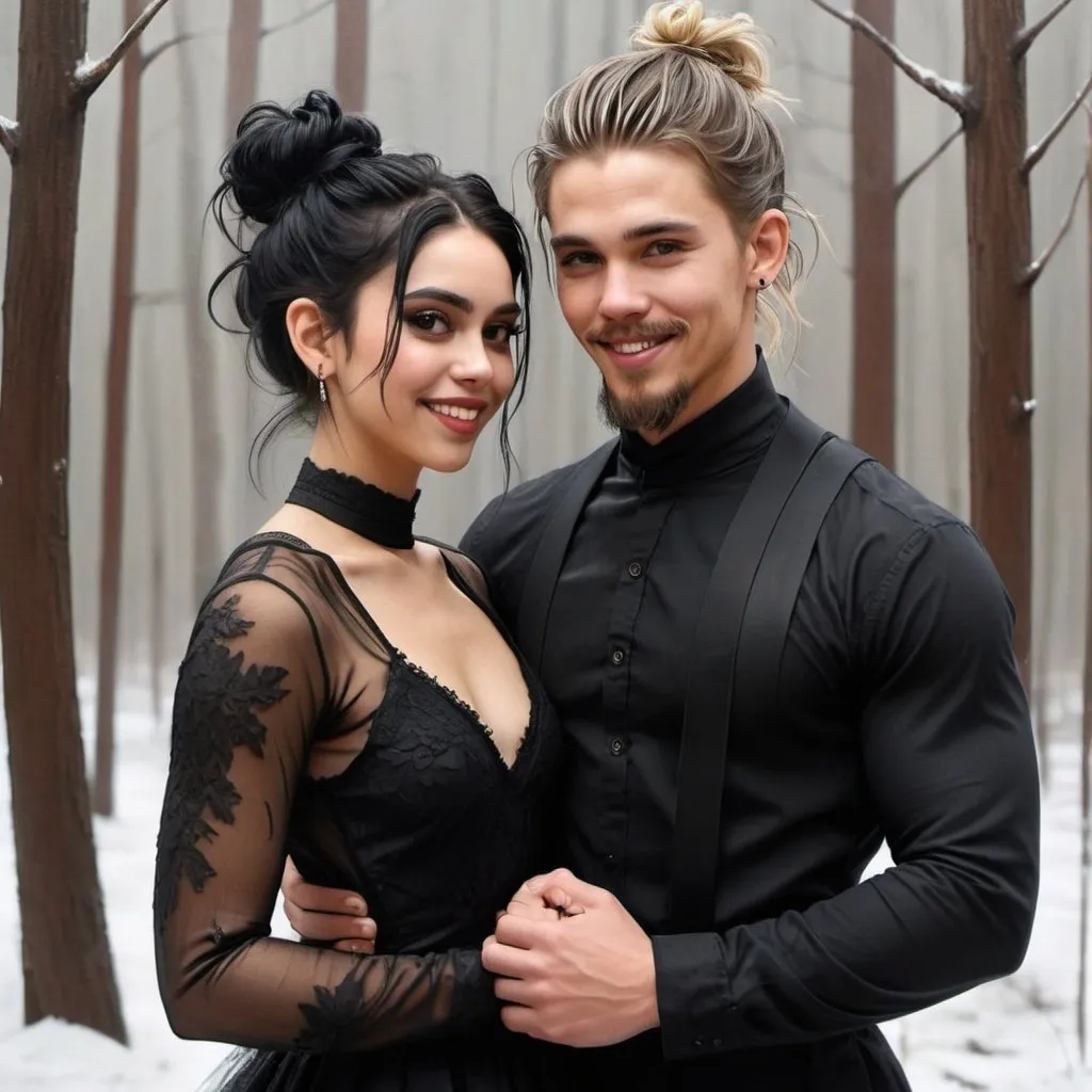 Prompt: couple. messy man bun. muscular, Latino burette Austin Butler. short beard. smiling. goth winter forest wedding. long sleeve dress. soft thin Margo Robbie. oil painting