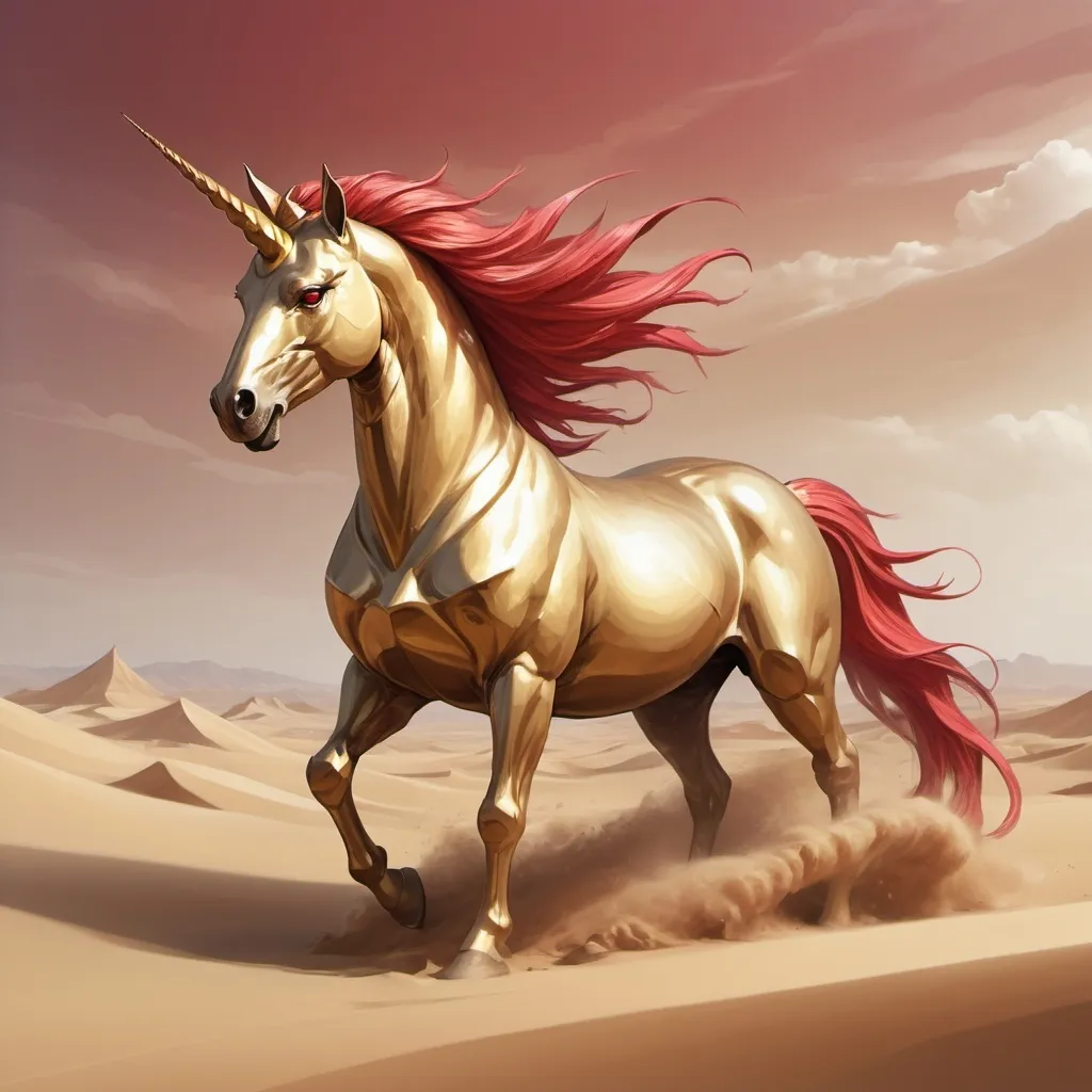 Prompt: Desert. Sand type gold unicorn. Red eyes. Magic the gathering art style. drawing. 