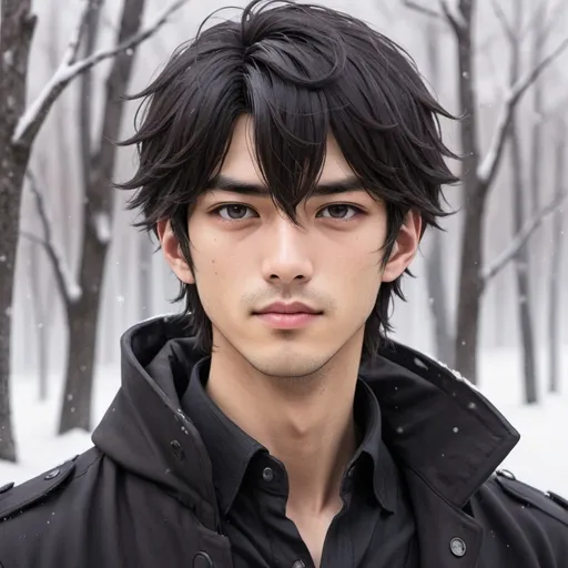 Prompt: 25 year old Sota Fukushi.   bright violet eyes. white streak mostly black hair. middle split feathery hair. wearing open black button up. Honor. gentle. loyal. hand drawing. sketch. manhwa art style.. winter coat. handsome. light stubble 
