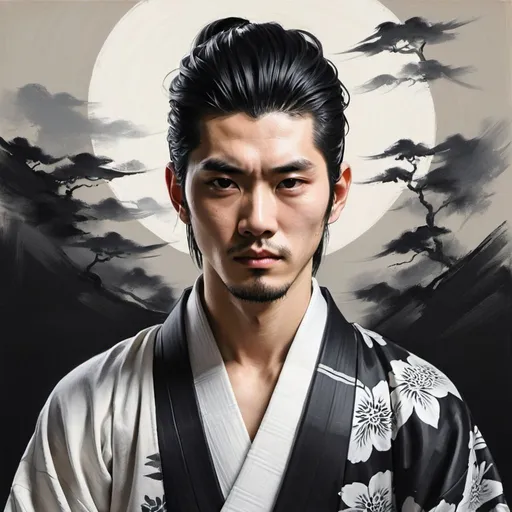 Prompt: young yakuza man. black hair and white hair. handsome. wearing black and white kimono. hand drawing, oil painting