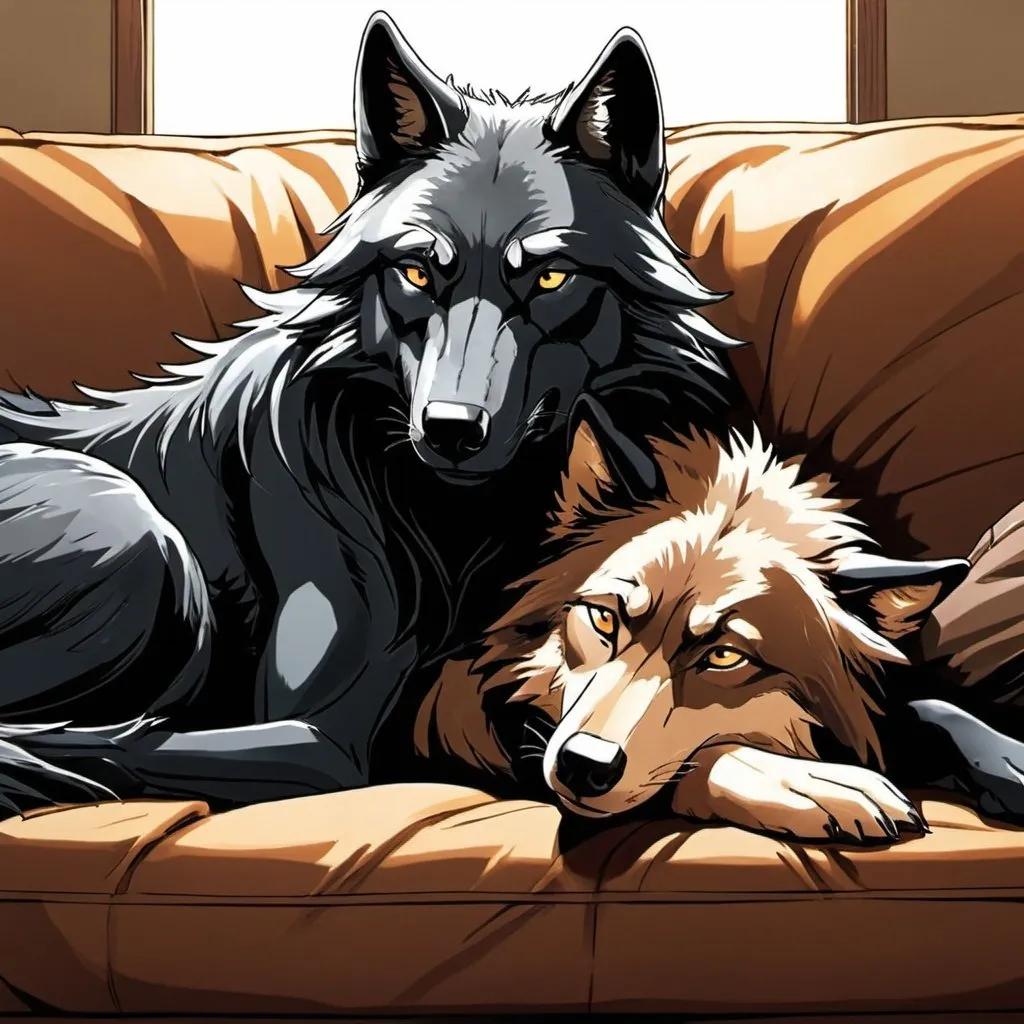 black wolf cuddling with a brown wolf. on couch. com...