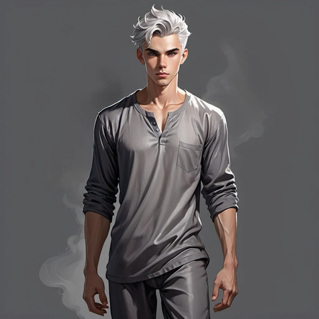 Prompt: Shifter male, light tan skin, silver hair faced on sides, piercing gray irises, handsome, Andy black, DnD sheet, oc character. wearing dark galaxy pajama pants and a gray t-shirt. Full body. oil painting, illustration