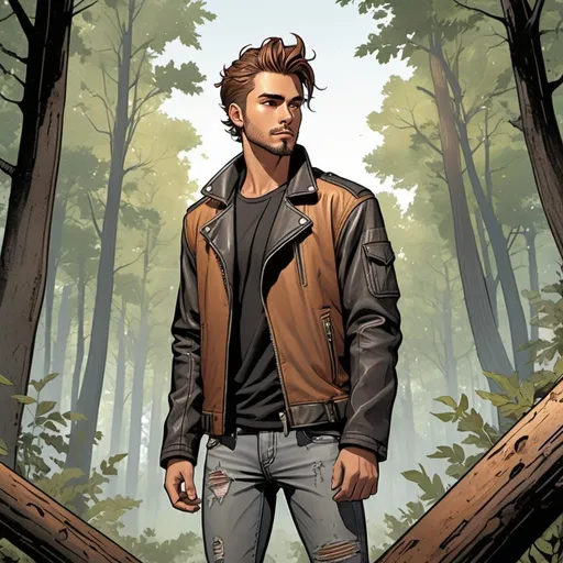 Prompt:  Male, young. tan skin, long reddish brown hair in a messy man bun faded on sides, piercing hazel irises, handsome, short neat facial hair, wearing black leather jacket, ripped jeans, and gray t-shirt. full body. comic book art. illustration. forest background.