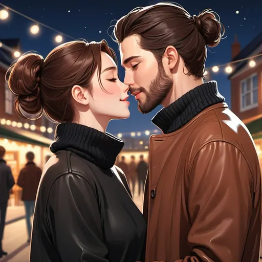 Prompt: young couple at outdoor forset party. kissing in love. love. laughing ((beautiful, black haired, pale skinned woman)) long black turtleneck sweater dress  ((handsome man, reddish brown haired in messy man bun tans skin, short neat beard.)) leather coat.  In love.  Detailed faces. Romance. webtoon manga art. Illustration. watching tv