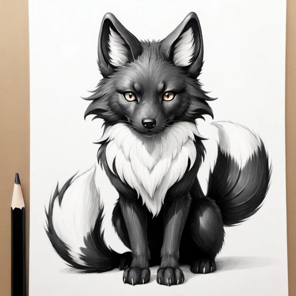 Prompt: Black kitsune with white accents on ears and tail. looks like wolf. 3 fluffy tails. pencil sketch. 