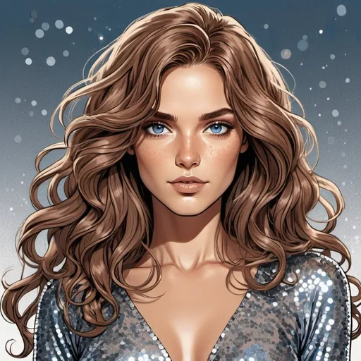 Prompt: ((beautiful brown flowy haired woman with hair down. tan skin)) steel blue eyes. wearing long sleeve silver sequin dress Detailed faces. Comic book art. hand drawn. 