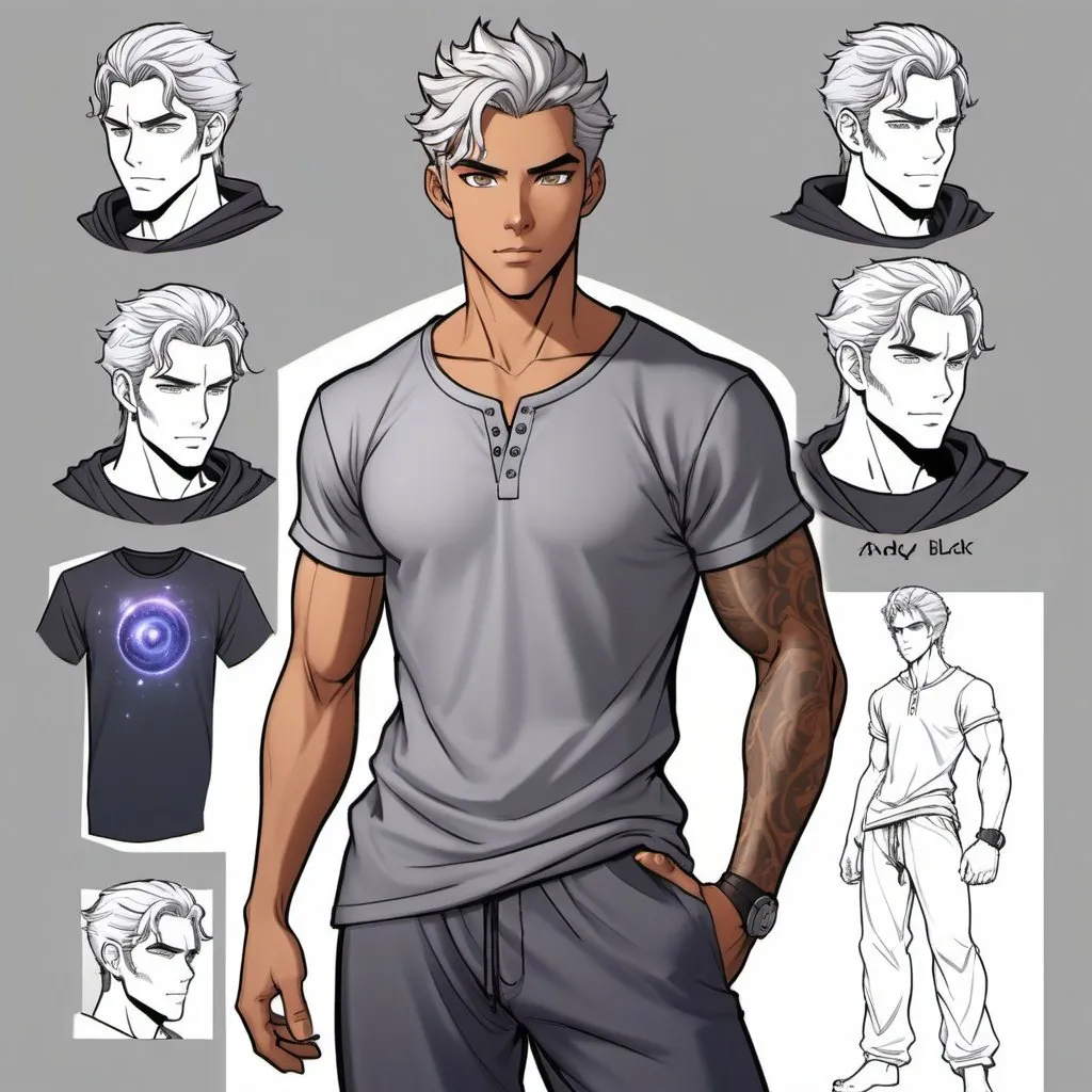 Prompt: Shifter male, character sheet. light tan skin, silver hair faded on sides, piercing gray irises, handsome, Andy black, DnD sheet, oc character. wearing dark galaxy pajama pants and a gray t-shirt. comic book art, illustration