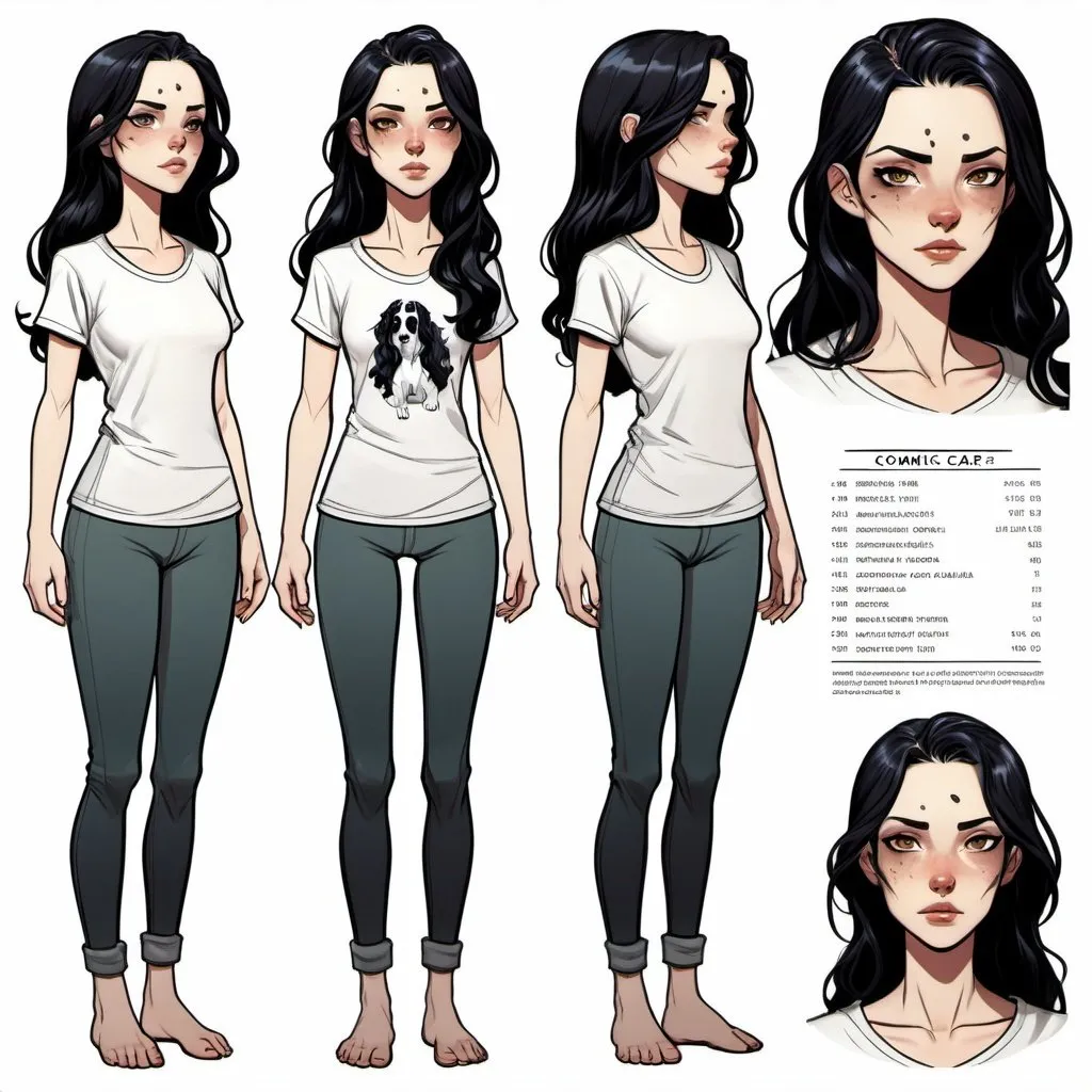 Prompt: Character sheet, female human, pale skin, long black wavy hair, piercing honey irises, slender body, dressed in simple pajama pants and t-shirt, covered in dog bite and claw mark scars, gorgeous, beautiful, light vertical scar over lips. D&D sheet, oc character. comic book art. illustration.