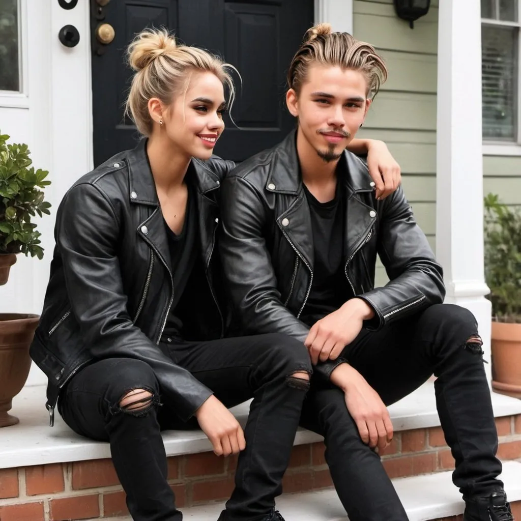 Prompt: couple. messy man bun. muscular, Latino burette Austin Butler. short beard. smiling. sitting on steps on porch. leather jackets. goth soft gorgeous Margo Robbie. oil painting