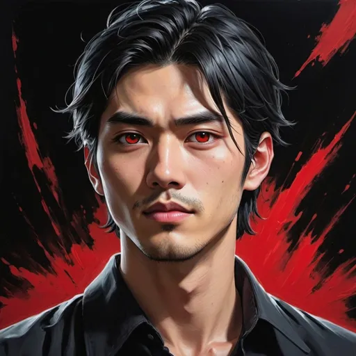 Prompt: 25 year old Japanese handsome man.   bright red eyes. white streak in  mostly black hair. wearing open black button up. Honor. gentle. loyal. Oil painting. Comic book art. handsome.