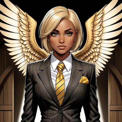 Prompt: female fey, dark tan skin, striped blonde and brown highlighted bob cut hair, piercing yellow  irises, chubby body, dressed in fancy tailored suit and tie, butler attire, black boots, beautiful, D&D sheet, oc character. comic book art. illustration. detailed face. detailed barn owl wings. shy.