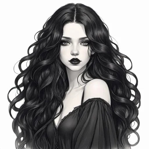 Prompt: 23 year old. gorgeous, beautiful.  goddess beauty. gorgeous. long black flowy haired woman. pale skin. Amber eyes. casual goth. full lips. Detailed faces. hand drawing. hand drawn. 