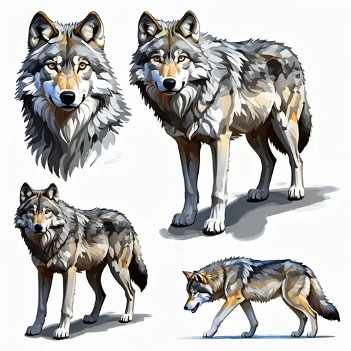 Prompt: gray wolf. gray eyes. oil painting. illustration. character sheet, multiple views, full body. only gray