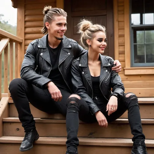 Prompt: couple. messy man bun. muscular, Latino burette Austin Butler. short beard. smiling. sitting on steps on cabin porch. leather jackets. goth soft gorgeous Margo Robbie. oil painting